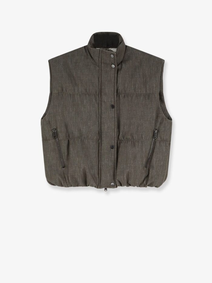brunello cucinelli sleeveless effect twill denim down jacket Brunello Cucinelli Sleeveless Effect Twill-denim Down Jacket