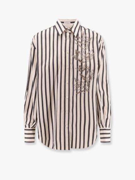 Brunello Cucinelli Striped Cotton And Silk Shirt With Embroidery