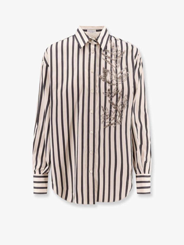 Brunello Cucinelli Striped Cotton And Silk Shirt With Embroidery