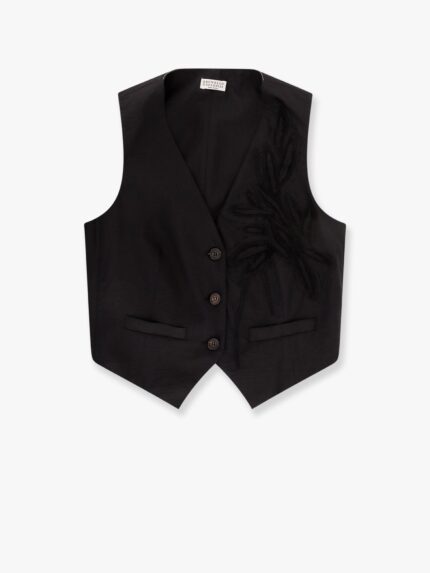 Brunello Cucinelli Techno Cotton Poplin Vest With Herbarium Appliquã© And Monili