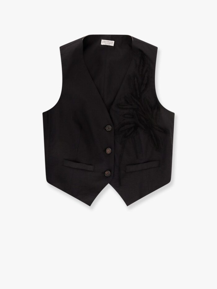 Brunello Cucinelli Techno Cotton Poplin Vest With Herbarium Appliqué And Monili
