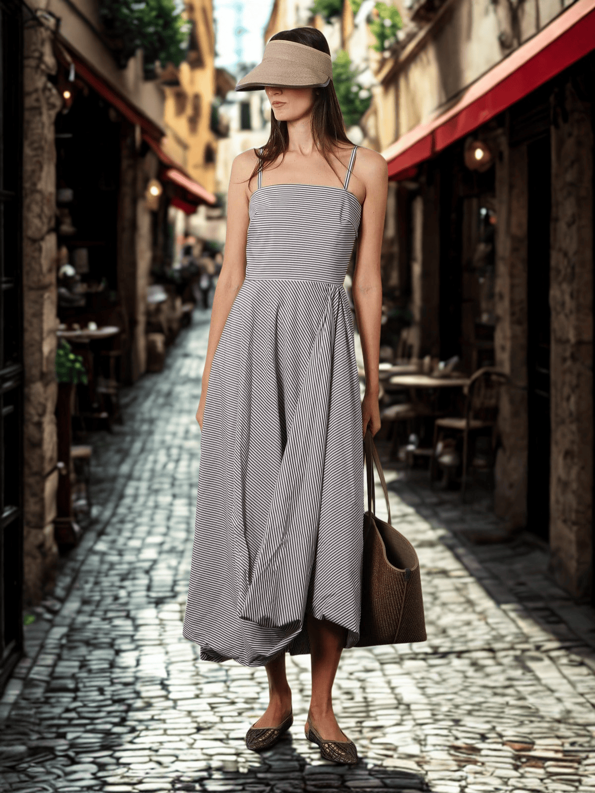 Woman wearing a striped midi dress with a wide-brim visor and woven tote bag — part of THE WISHLINE’s Brunello Cucinelli women’s collection inspired by Italian craftsmanship.