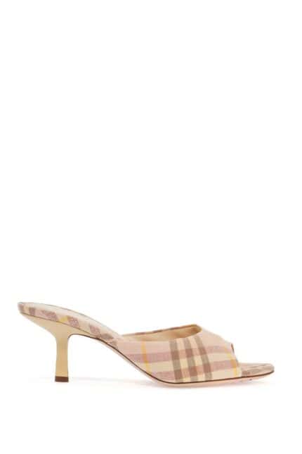 BURBERRY Beige Check Linen Mule Sandals With 6.5 Cm Heel Lf Mews 65 Chk 162393