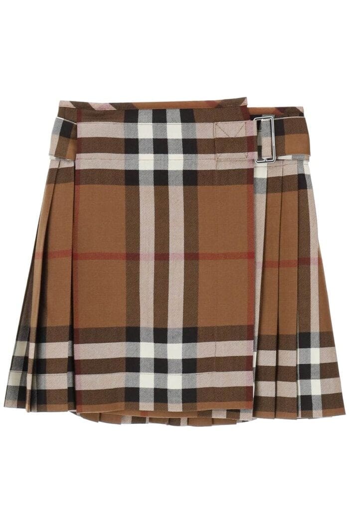 Burberry Exaggerated Check Pleated Wool Mini Skirt