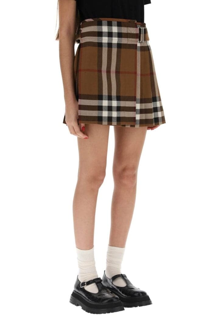 Burberry Exaggerated Check Pleated Wool Mini Skirt