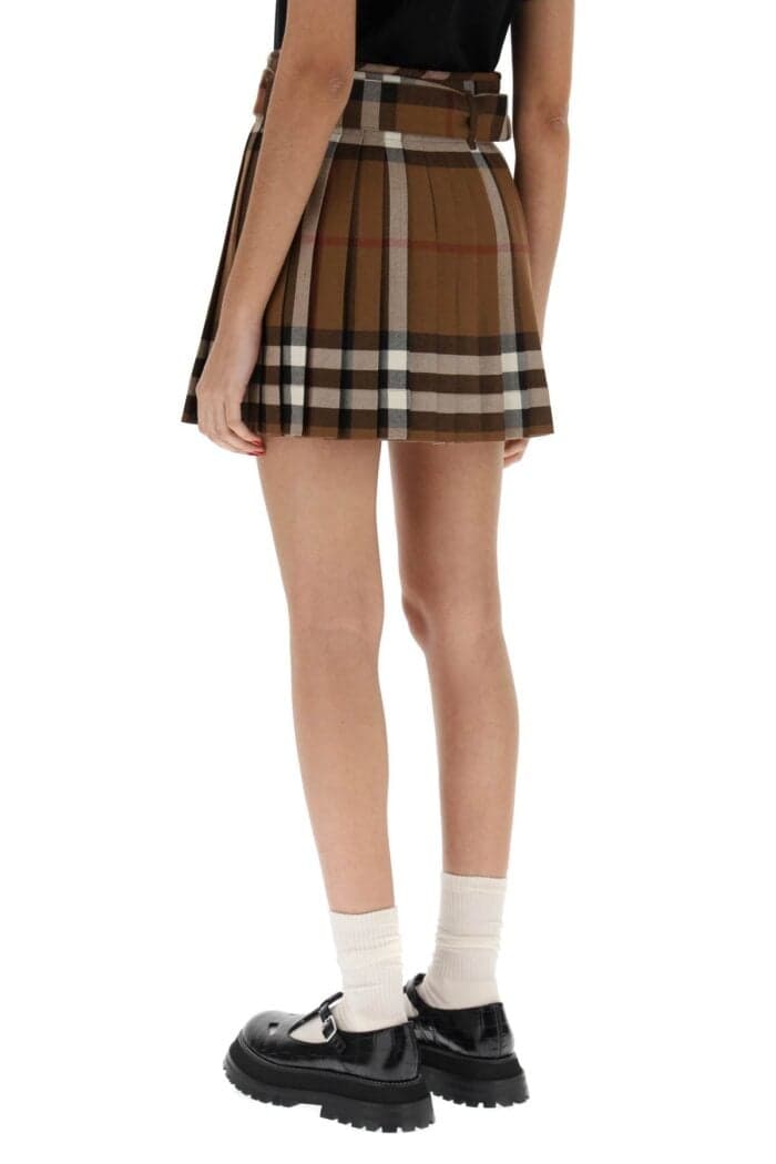 Burberry Exaggerated Check Pleated Wool Mini Skirt