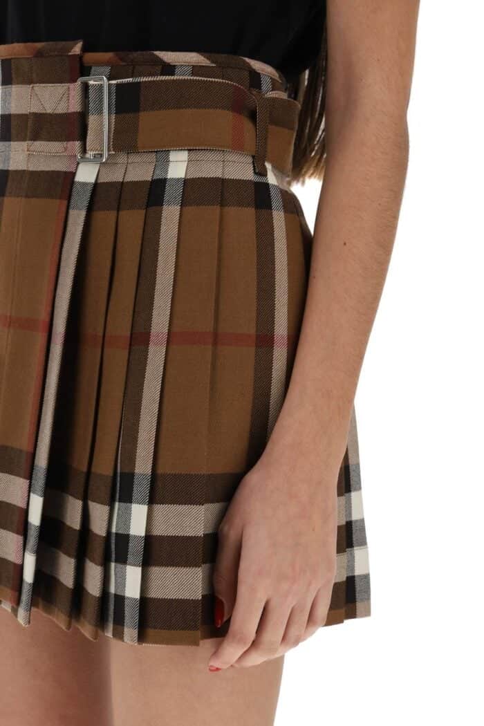 Burberry Exaggerated Check Pleated Wool Mini Skirt