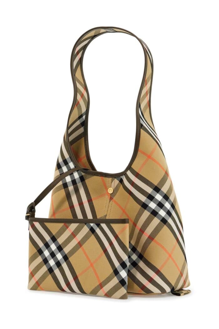 BURBERRY Large Beige Cotton Shoulder Bag With Check Pattern And Coordinated Pouch