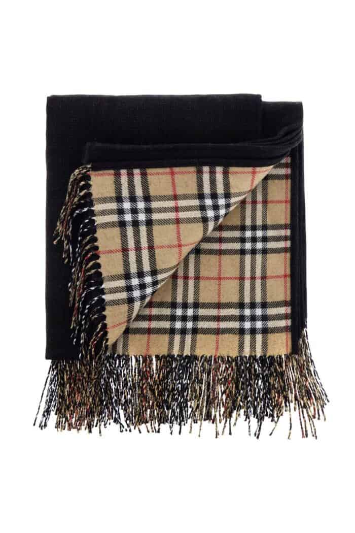 BURBERRY Unisex Virgin Wool Black Check Scarf With Multicolored Fringes