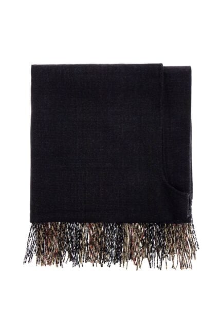 BURBERRY Unisex Virgin Wool Black Check Scarf With Multicolored Fringes