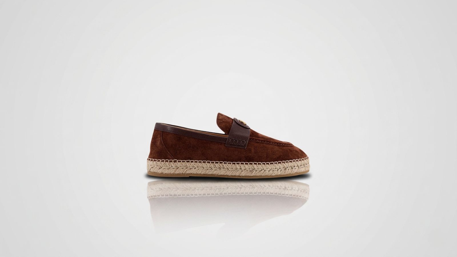 Loro Piana brown suede espadrille loafers featuring a classic woven jute midsole and leather trim for THE WISHLINE luxury men's flats and espadrilles collection navigation.