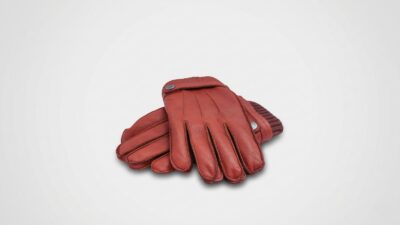 Cognac brown leather men's gloves featuring classic stitched details, a snap-button wrist strap, and ribbed knit cuffs for THE WISHLINE luxury men's gloves and cold-weather accessories collection navigation.