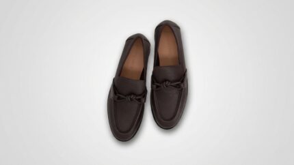 Bottega Veneta brown burnished leather penny loafers featuring a classic strap detail and a low block heel for THE WISHLINE luxury men's loafers collection navigation.