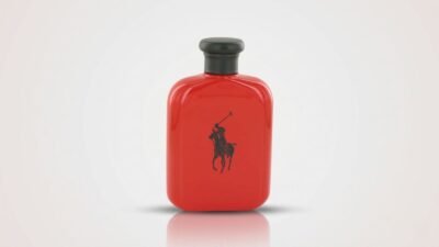 Opaque red cologne flask bottle with a matte black cap and a black polo player logo silhouette for THE WISHLINE luxury men's parfum testers and discounted fragrance collection navigation.