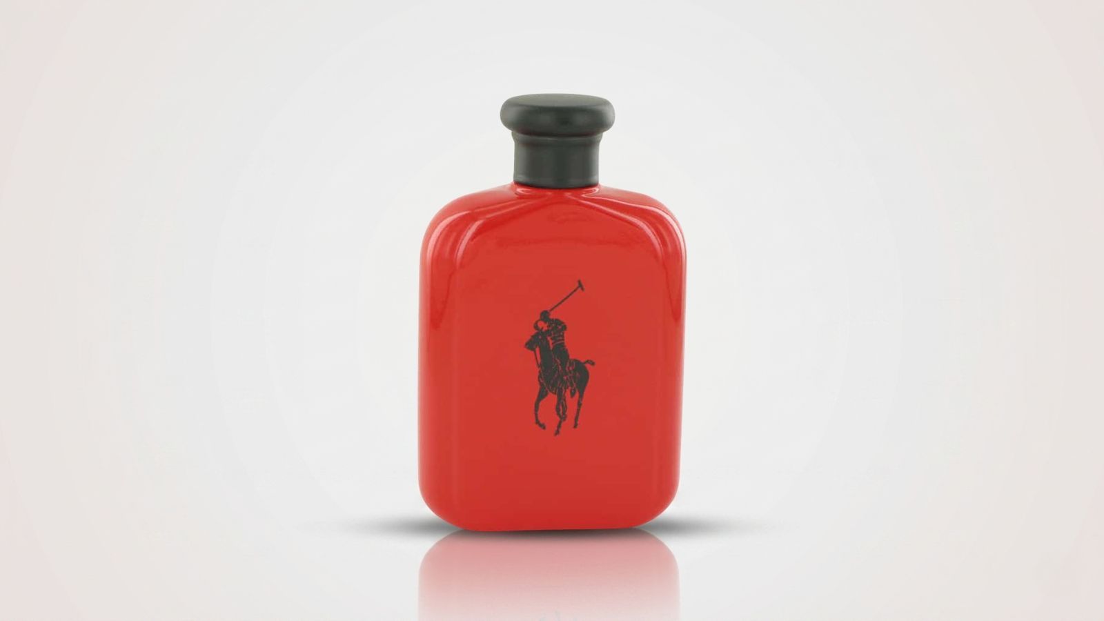 Opaque red cologne flask bottle with a matte black cap and a black polo player logo silhouette for THE WISHLINE luxury men's parfum testers and discounted fragrance collection navigation.