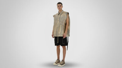 Black drop-crotch drawstring shorts with zipper details, paired with an oversized metallic gold sleeveless button-up shirt and khaki low-top sneakers for THE WISHLINE luxury men's shorts and avant-garde streetwear collection navigation.