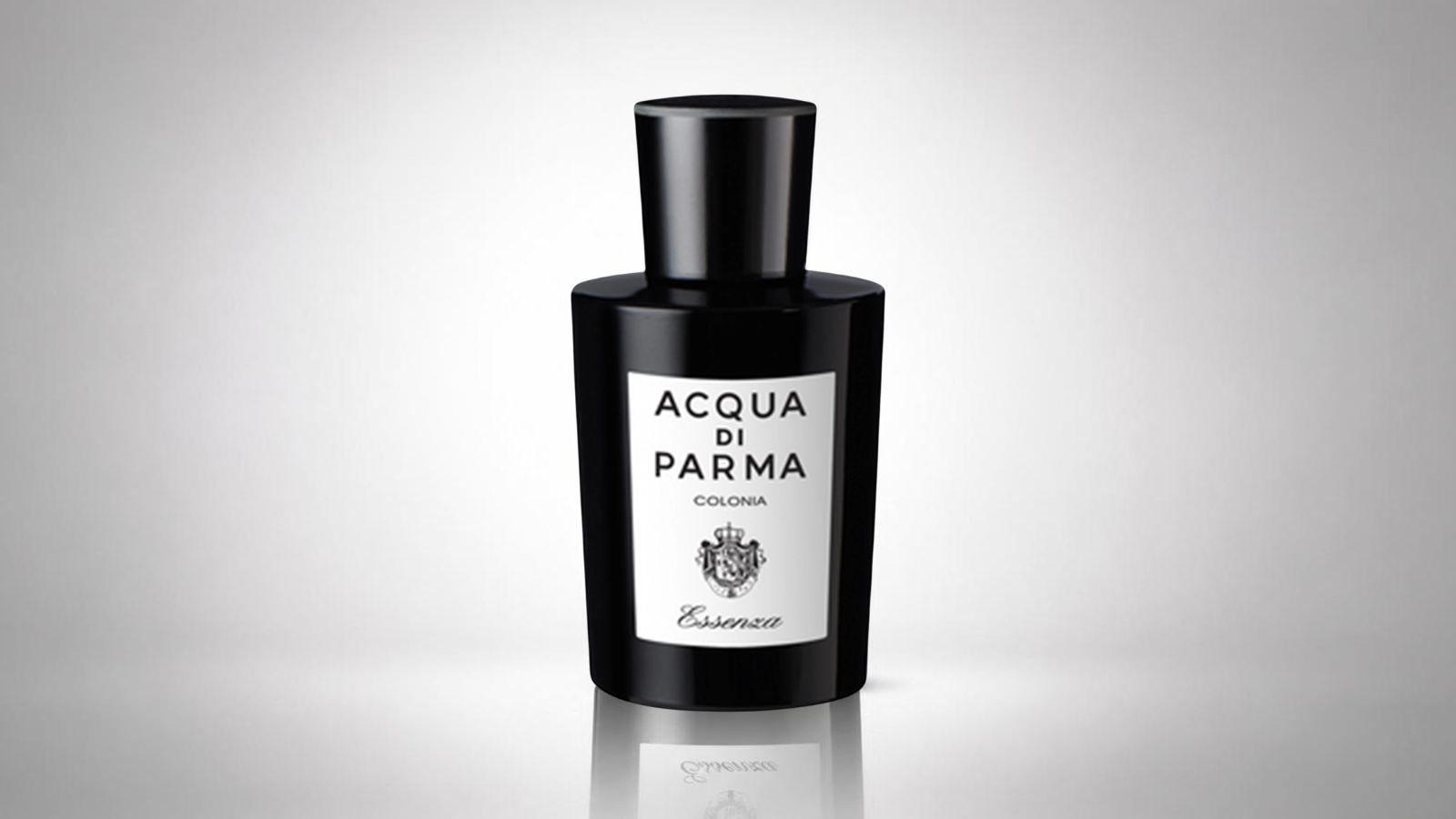Acqua di Parma Colonia Essenza bottle featuring an opaque black glass design and a minimalist white label for THE WISHLINE luxury cologne for women and men collection navigation.