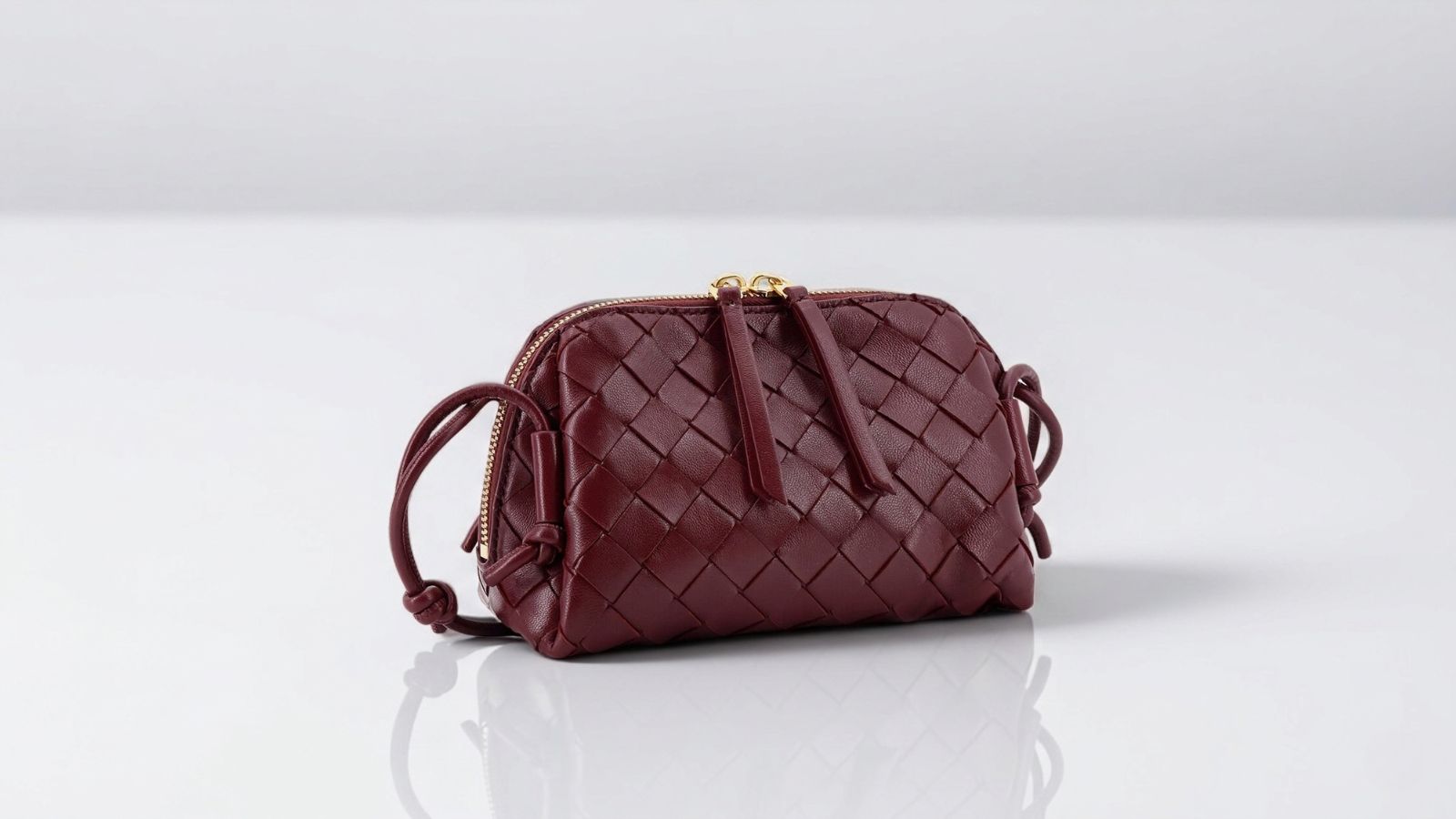 Bottega Veneta burgundy Intrecciato woven leather zip-top clutch bag with fine leather side loops for THE WISHLINE luxury women's clutches collection navigation.