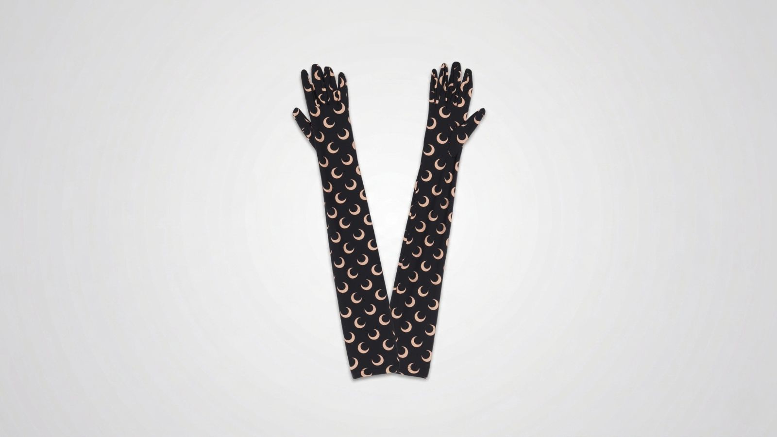 Marine Serre black long opera gloves featuring the iconic tan crescent moon print for THE WISHLINE luxury women's gloves collection navigation.
