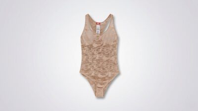 Sheer beige lace bodysuit featuring a scoop neckline, racerback straps, and corset-style seam detailing for THE WISHLINE luxury women's lingerie, sleepwear, and designer nightwear collection navigation.