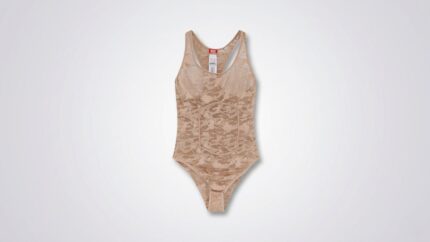 Sheer beige lace bodysuit featuring a scoop neckline, racerback straps, and corset-style seam detailing for THE WISHLINE luxury women's lingerie, sleepwear, and designer nightwear collection navigation.