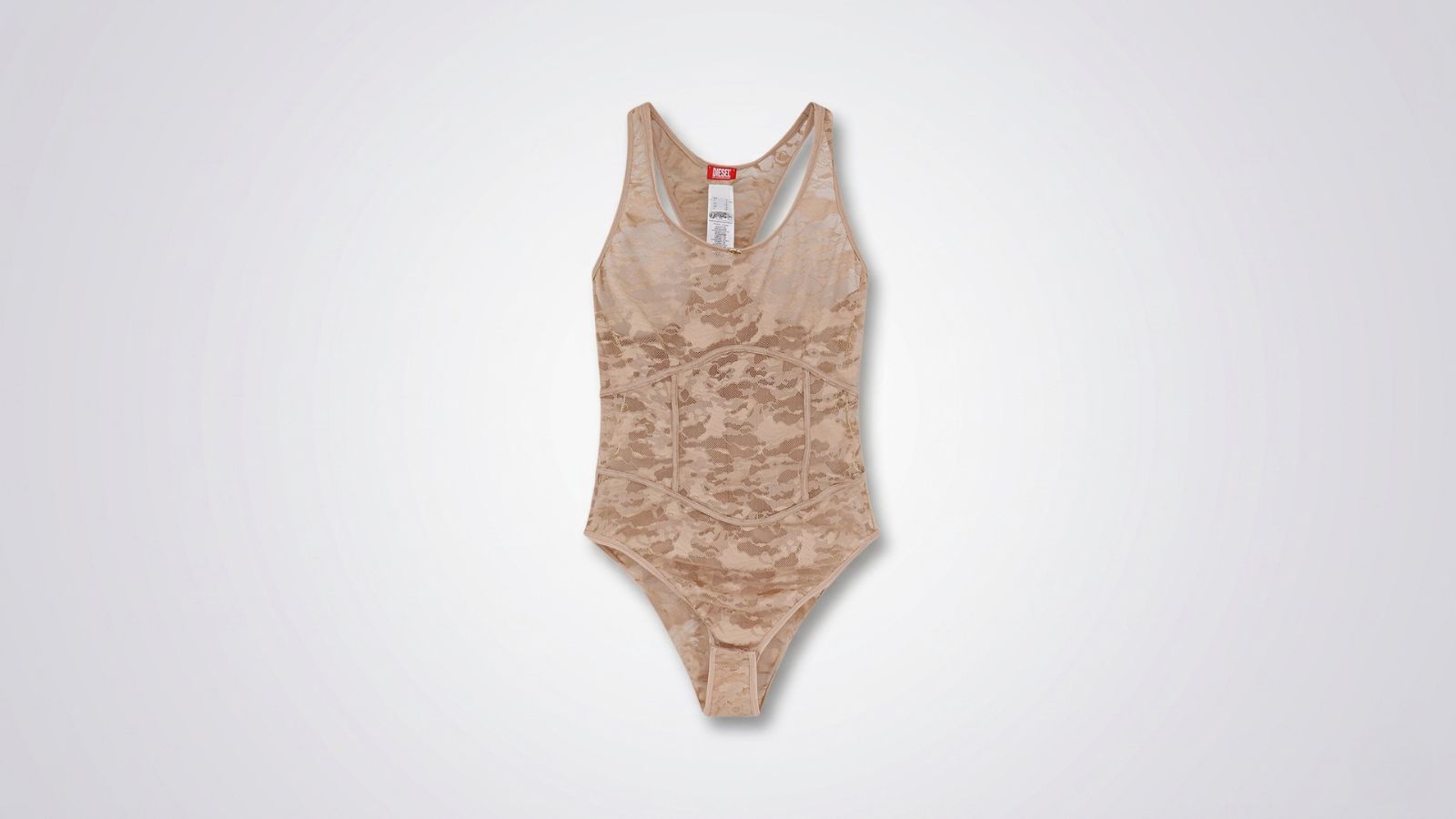 Sheer beige lace bodysuit featuring a scoop neckline, racerback straps, and corset-style seam detailing for THE WISHLINE luxury women's lingerie, sleepwear, and designer nightwear collection navigation.