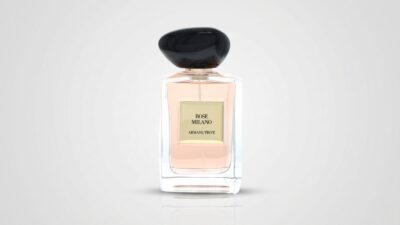 Clear rectangular glass perfume bottle filled with soft pink liquid, featuring a gold square label and topped with an organic, smooth black pebble-shaped cap for THE WISHLINE luxury women's parfum testers and designer fragrance collection navigation.