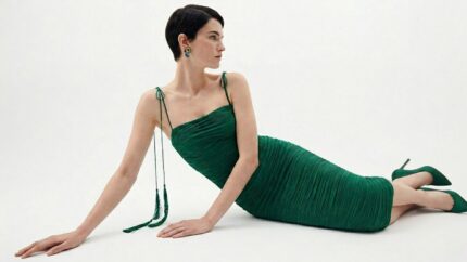 Model lounging in a sophisticated emerald green pleated midi dress with matching stiletto heels for THE WISHLINE luxury dresses navigation.