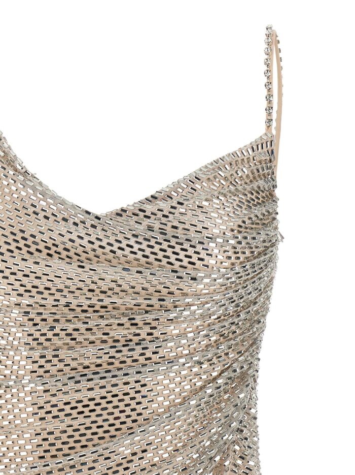 SELF PORTRAIT 'Champagne Rhinestone Draped Mini' Dress