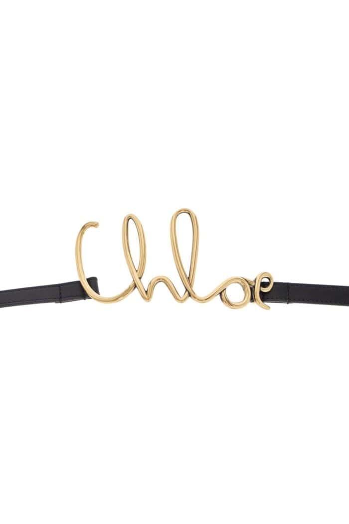 CHLOE' Adjustable Black Calf Leather Belt With Golden Logo