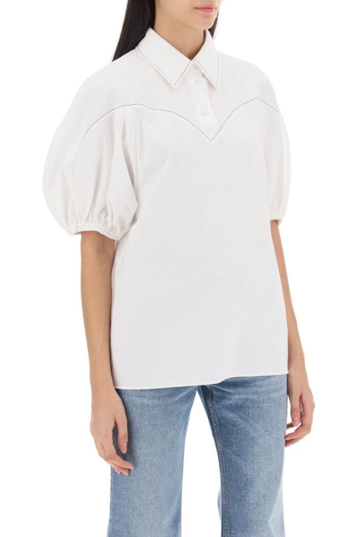 CHLOE' Balloon Sleeve Blouse In Textured Cotton