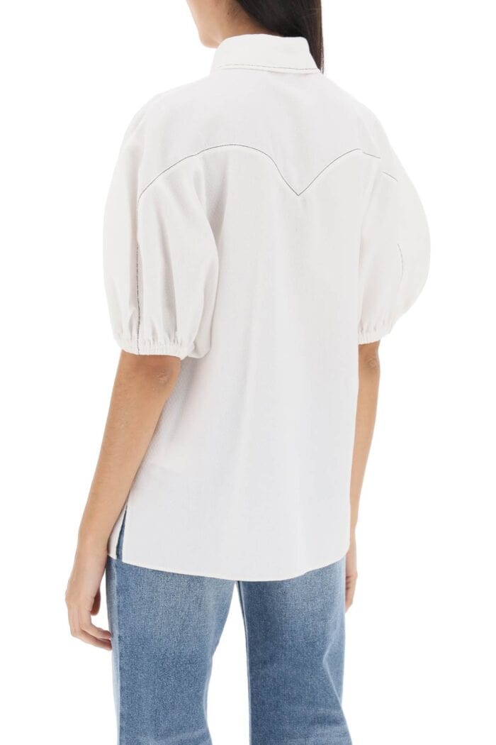 CHLOE' Balloon Sleeve Blouse In Textured Cotton