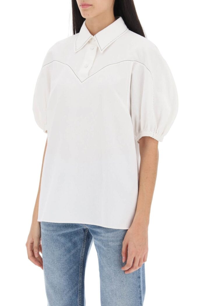 CHLOE' Balloon Sleeve Blouse In Textured Cotton