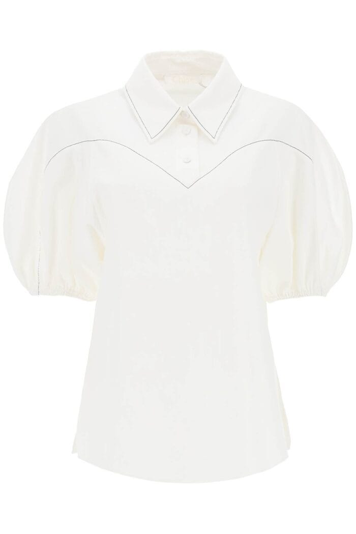 CHLOE' Balloon Sleeve Blouse In Textured Cotton