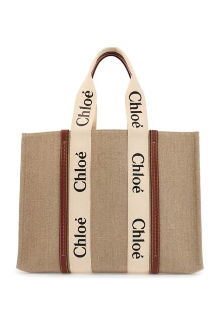 CHLOE' Beige Logoed Linen And Leather Woody Bag