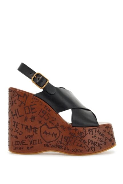 CHLOE' Black Cotton Wedge Shoes With Golden Buckle