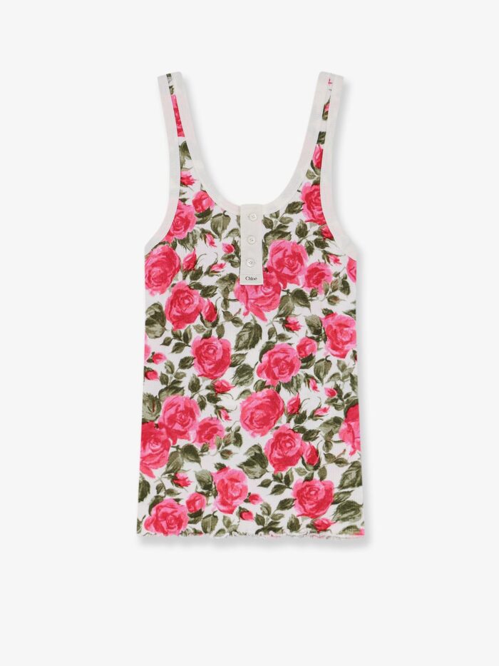 CHLOE' Cotton Henley Tank Top With All-over Floral Pattern