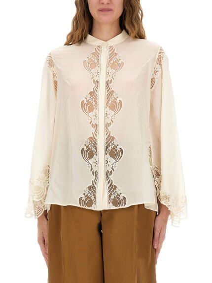 CHLOÉ FLUID SILK GEORGETTE AND LACE BLOUSE