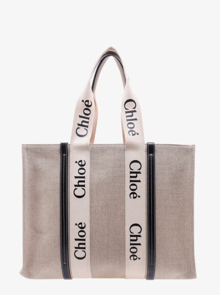 CHLOE' Linen Shoulder Bag With Logo Print. This Bag Is Made With Lower Environmental Impact Material