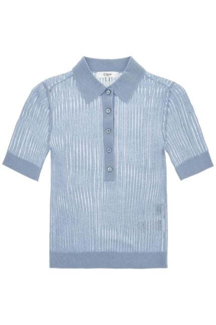 CHLOE' Silk Top Iced Blue With Polo Collar