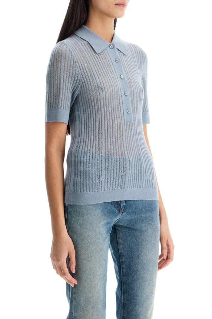 CHLOE' Silk Top Iced Blue With Polo Collar