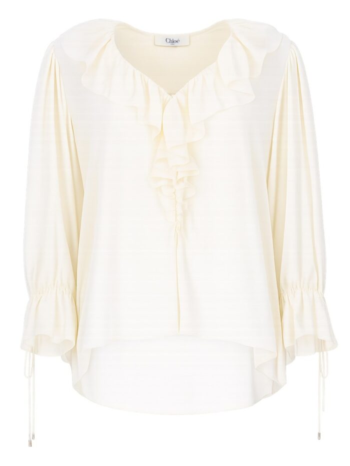 CHLOÉ TOP CON VOLANT E SCOLLO A V IN CRÊPE DE CHINE