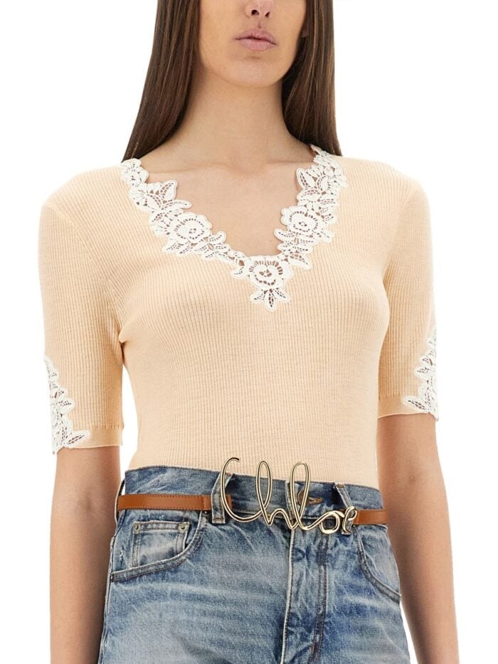 CHLOE' TOP WITH LACE NECKLINE