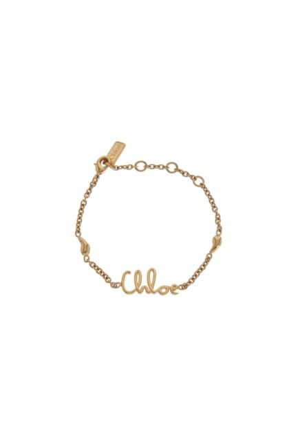 CHLOE' Vintage Gold Logo Pendant Leather Bracelet