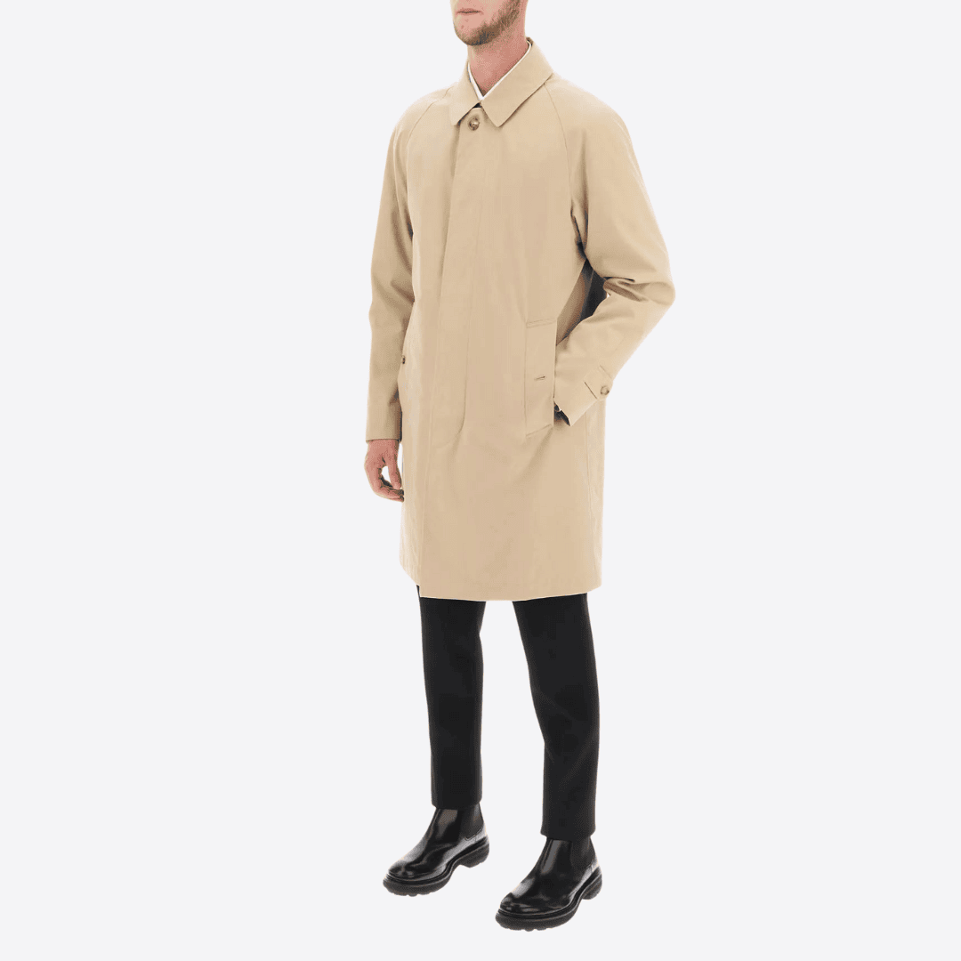 Men's beige trench coat styled with black pants and boots – Coats & Trench Coats at THE WISHLINE.
