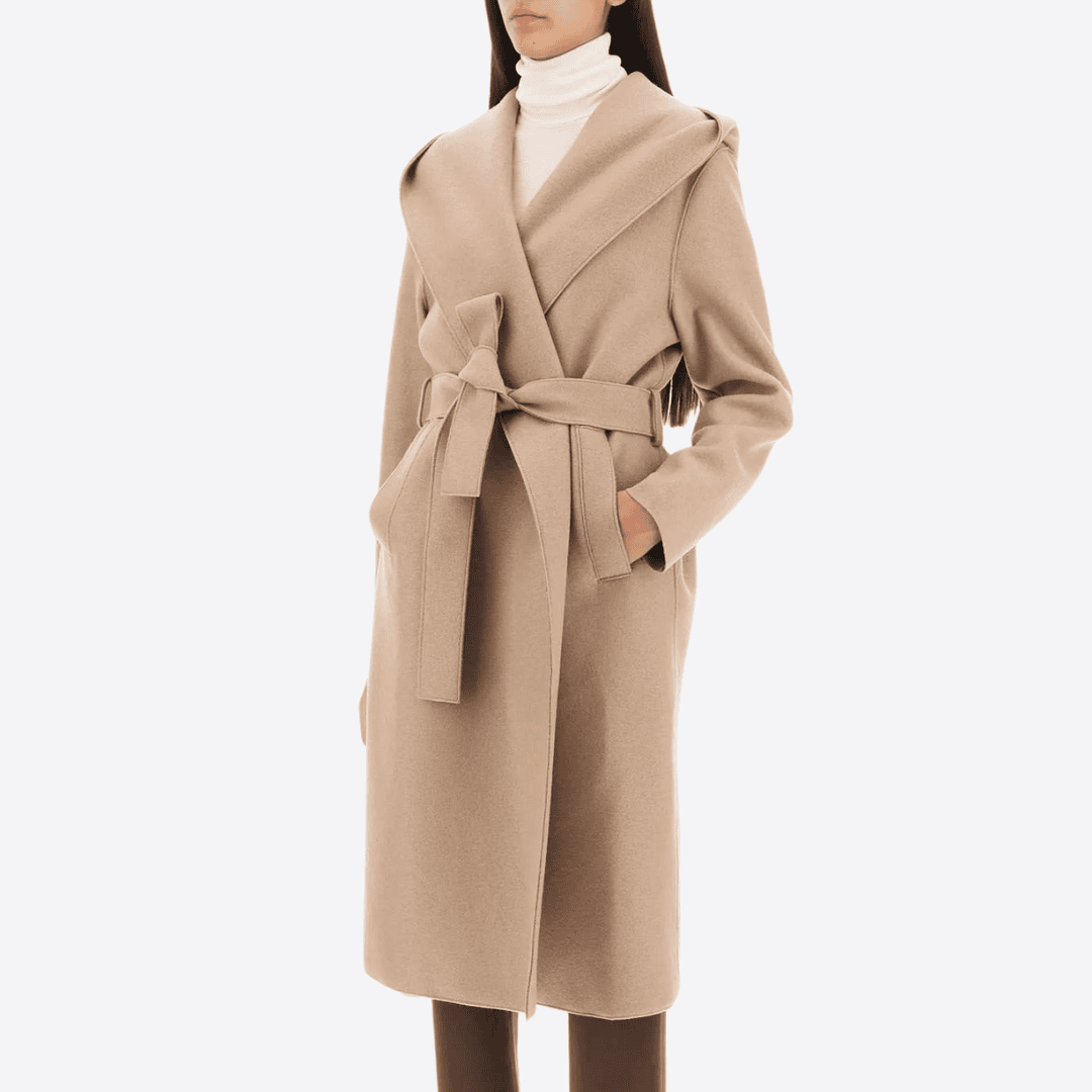 Women's beige belted wrap coat styled with turtleneck – Coats & Trench Coats at THE WISHLINE
