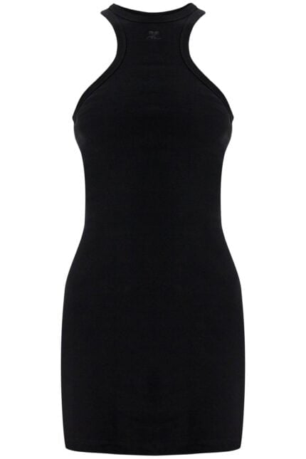 COURREGES Black Cotton Mini Dress With High Neck And Sleeveless Design