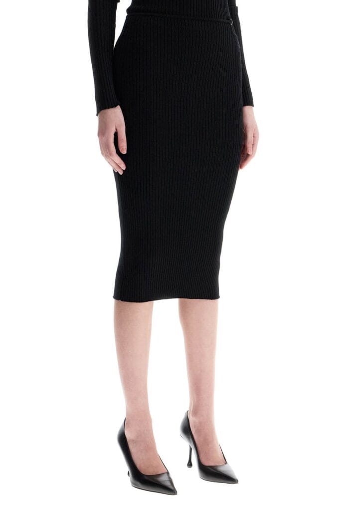 COURREGES Black Midi Skirt In Viscose And Polyester With Vertical Ribs