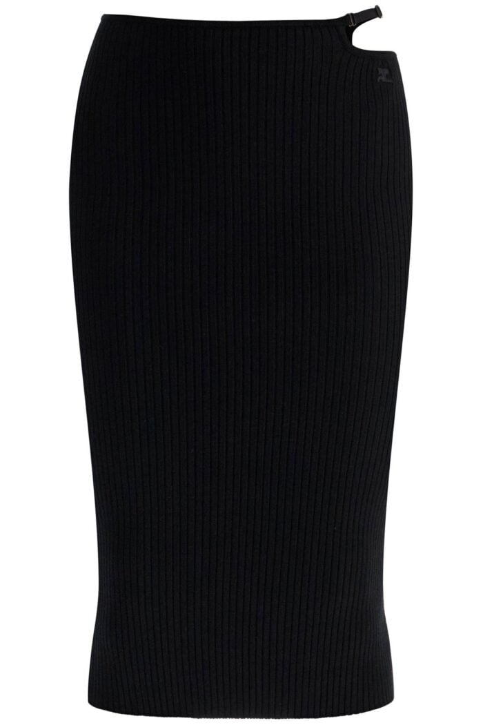 COURREGES Black Midi Skirt In Viscose And Polyester With Vertical Ribs