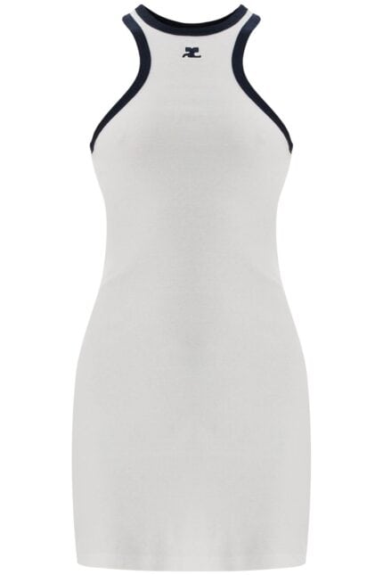 COURREGES White Cotton Mini Dress With Navy Blue Details And Halter Neck